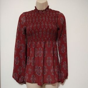 Burgundy Mock Neck Sheer Blouse